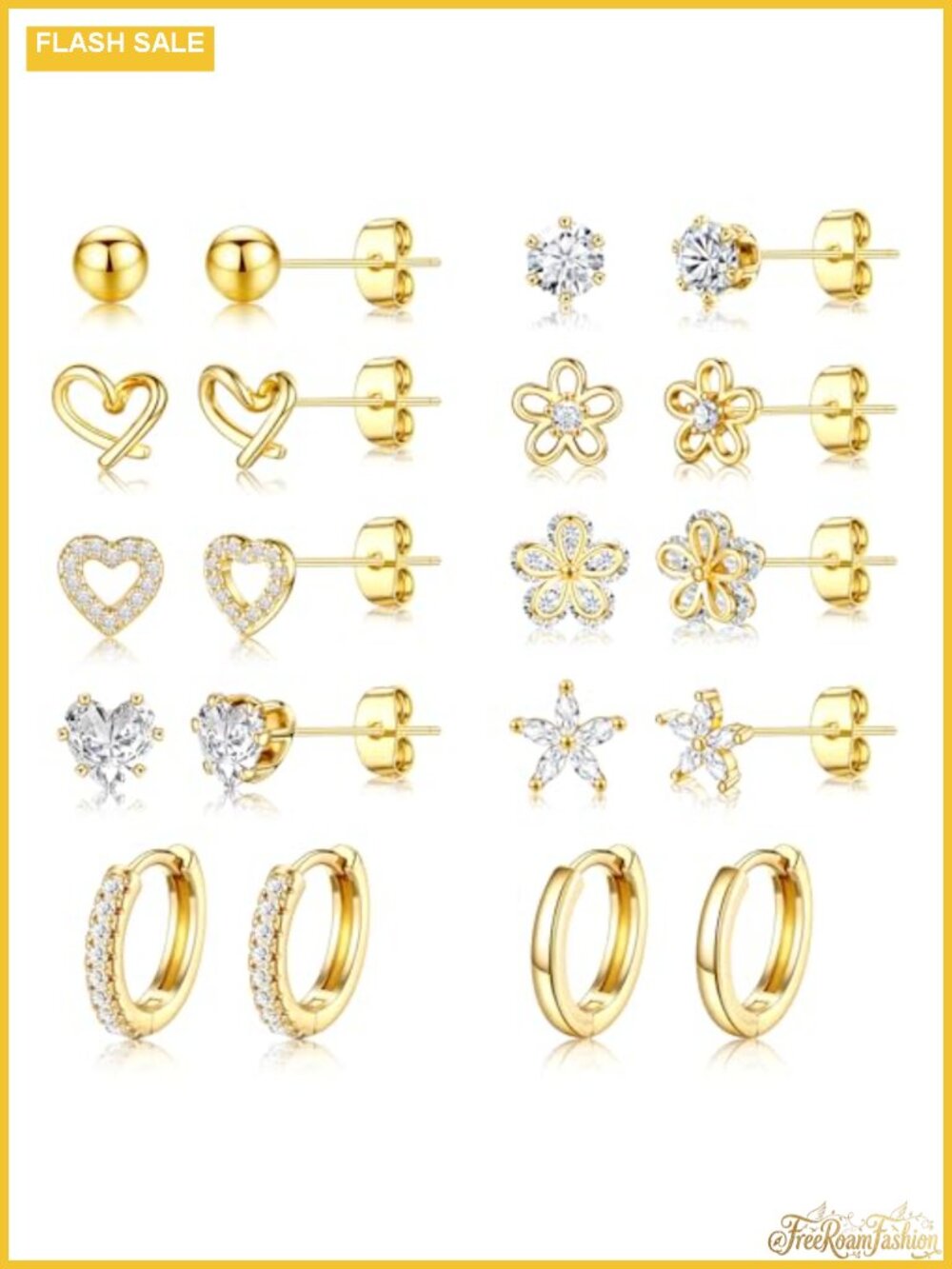 14K Gold Plated CZ Stud Earrings Set - 8 Pairs Studs & 2 Hoops Hypoallergenic